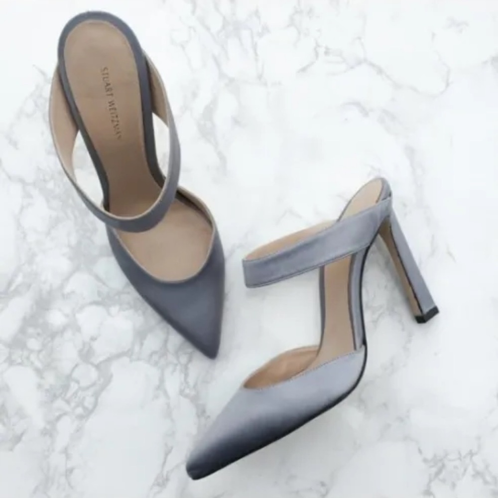 Stuart Weitzman Gray Satin Pointed-Toe Mary Jane Heels